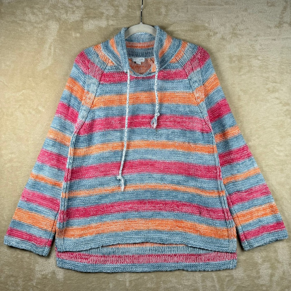 J. Jill Striped Women M Cotton Linen Knit Funnel Neck Sweater Blue Pink Orange